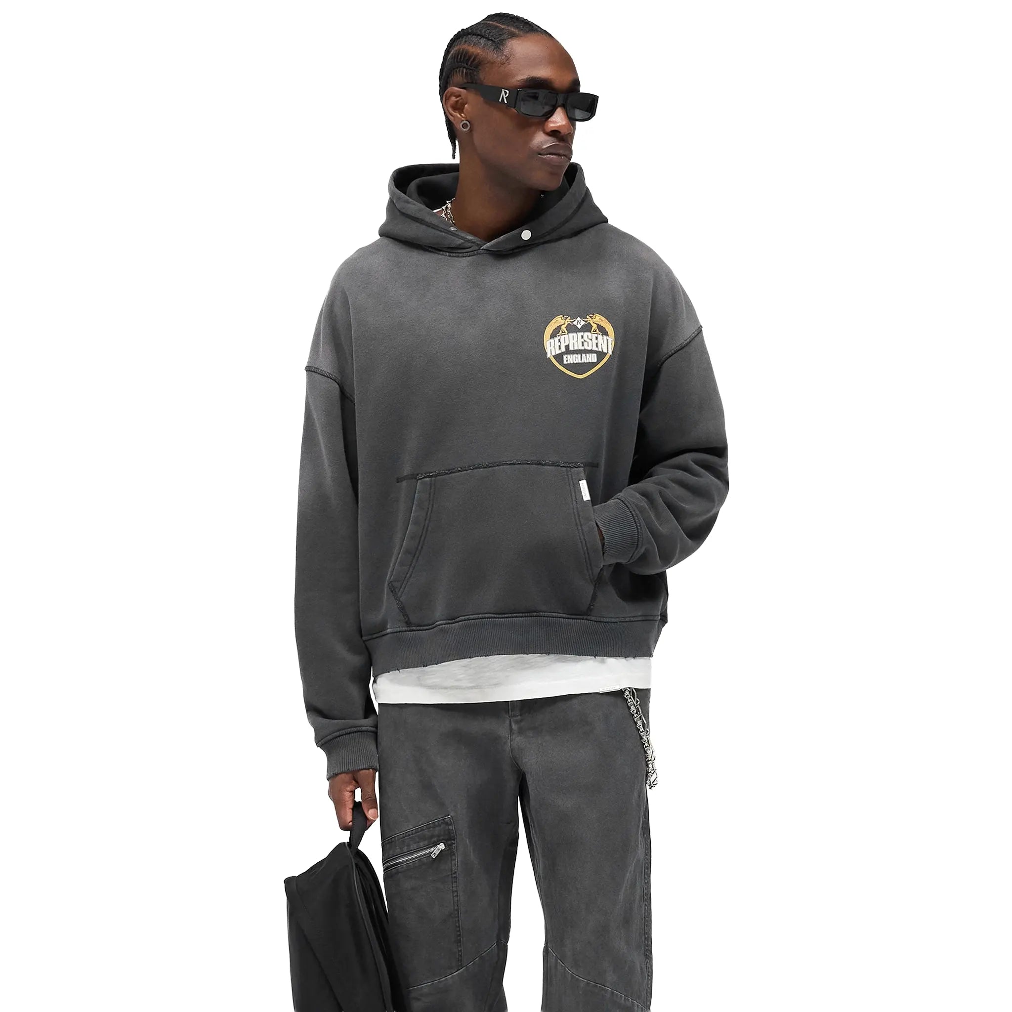 Front View of Represent Rep Angel Border Stained Black Hoodie